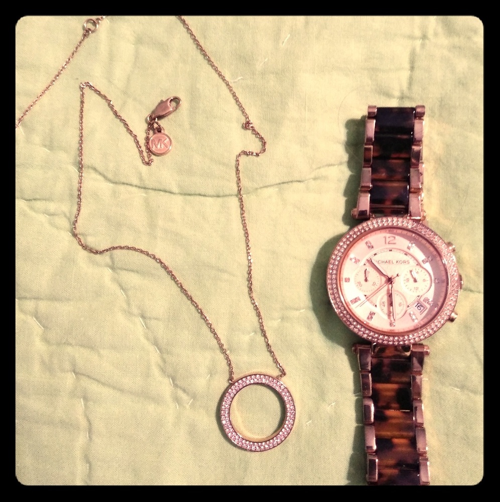 Michael Kors rose gold watch and necklace